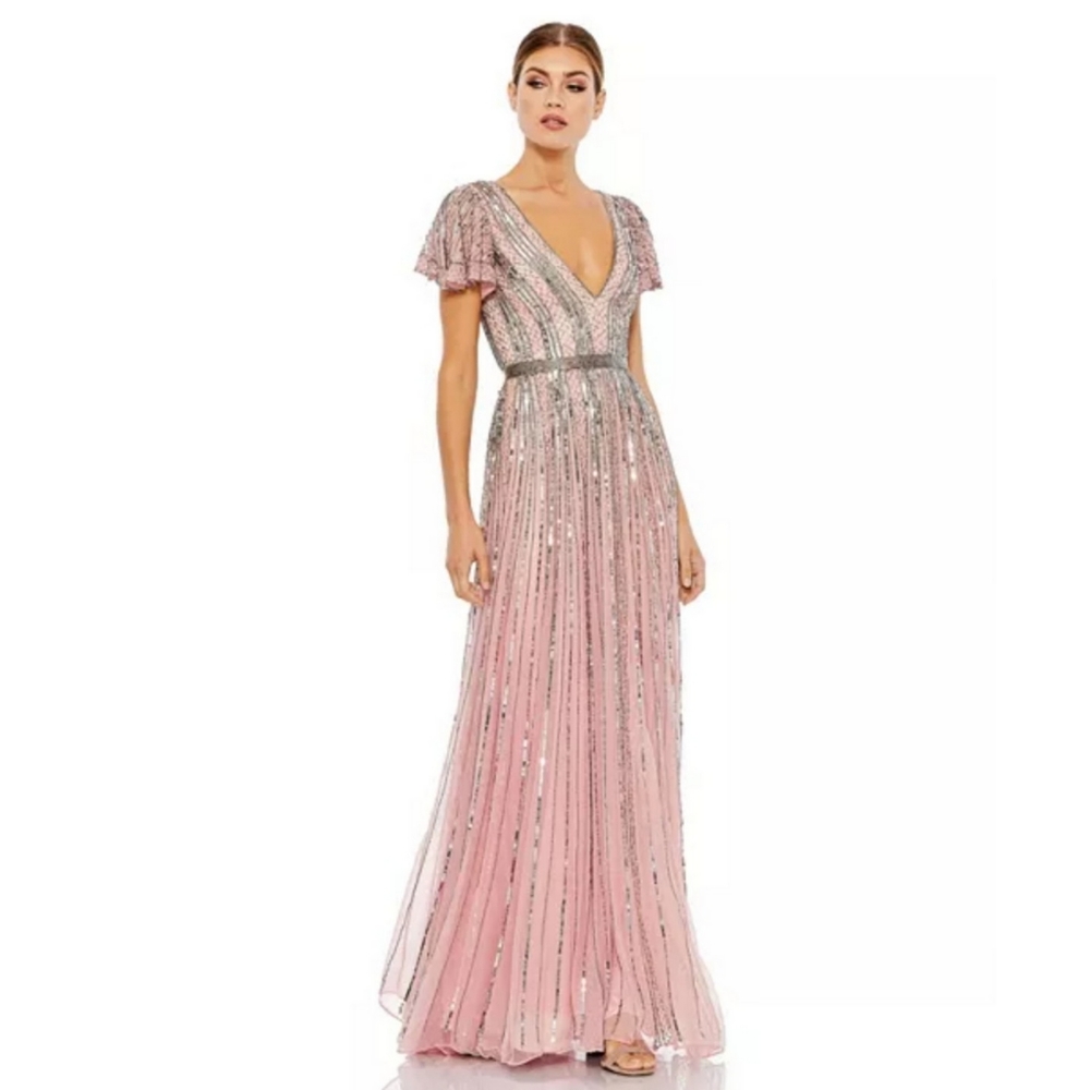 MAC DUGGAL Flutter Sleeve Embellished Plunge Neck A Line Gown Dress Size 14